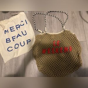 Clare V Tan Woven Tote with Red Lettering